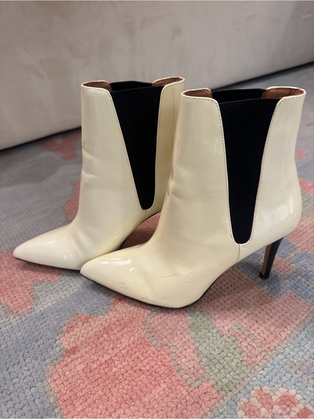 Joie Women's Cream Pointed Toe Leather Ankle Boots with Elastic Panels